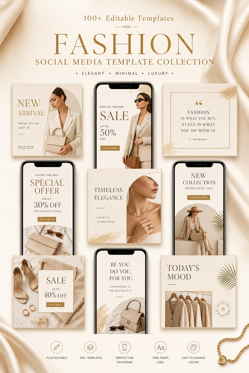 100+ editable fashion social media templates included